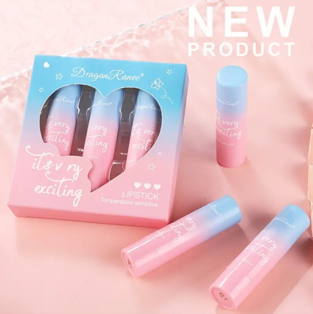 Temperature Sensitive Lipstick Trio - Peach, Grape, and Carrot.